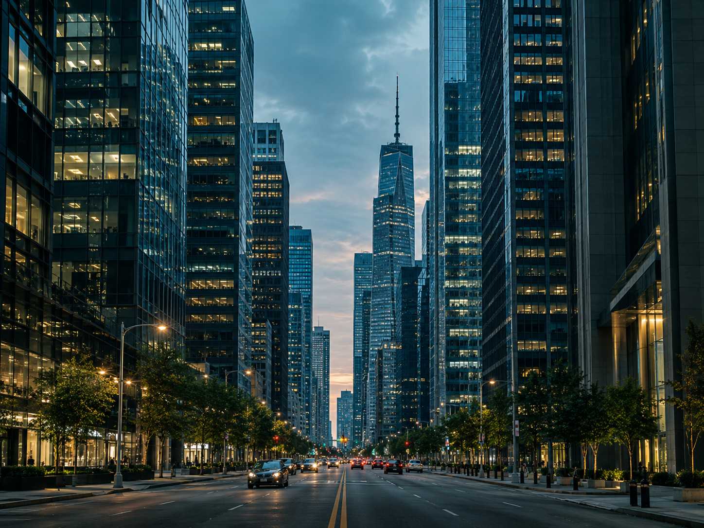 Financial district street with tall skyscrapers at dusk